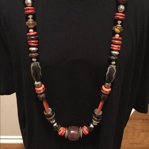 Caramel brown and red necklace 44"